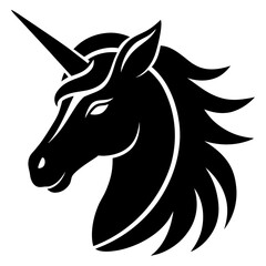 Horse unicorn head. Black silhouette. Design element. Vector illustration isolated on white background