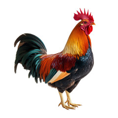 Fototapeta premium Rhode Island Red rooster proudly shows off its vibrant plumage against a bright transparent background, rhode island red rooster, isolated transparent background