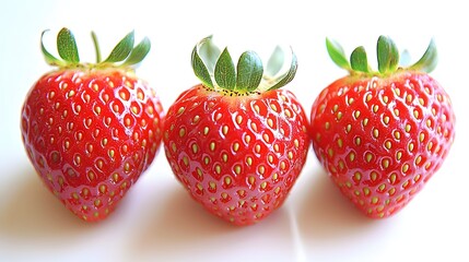 Close-Up Of Three Ripe Red Strawberries With Green Leaves Isolated On A White Background