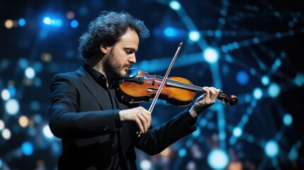 A violinist performing on stage under dramatic spotlights