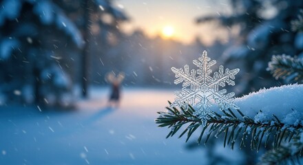 Snowflake on Pine Branch with Snowfall at Sunset in Winter