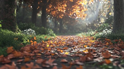 A pathway through a vibrant forest in autumn season