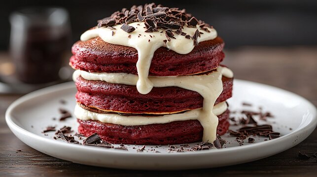 Tempting Red Velvet Pancakes Stacked High with Creamy Frosting and Chocolate Shavings