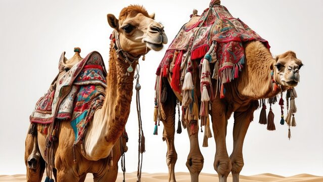 A decorated camel stands gracefully, adorned with a vibrant patterned saddle blanket featuring shades of orange,