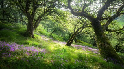 Fototapeta premium Dreamy Hidden Glen with Gently Glowing Light and Purple Flowers