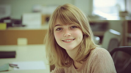 Pretty blonde woman. She is smiling and looking at the camera, generative AI