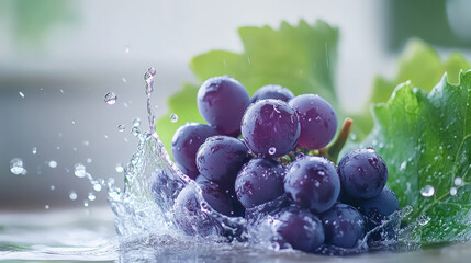 Fresh red grapes splashing in water
