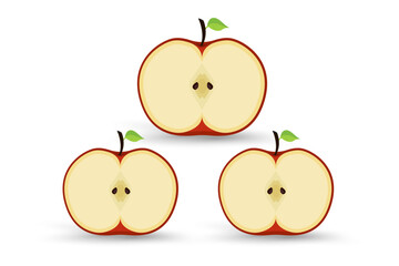 Set of three Apples half is displayed with a rich red outer skin and a light yellowish-white interior. The three features two tiny dark seeds enclosed in a faint star-like pattern.