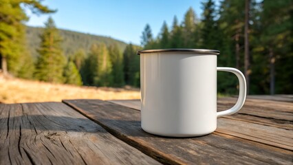 Blank white metal enamel camping mug mockup on rustic wood board picnic table surface with mountains and evergreen pine forest background