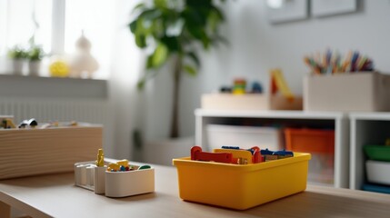 A playroom with colorful storage bins neatly filled with toys