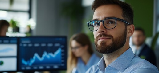 Fototapeta premium Analyst views market data on screen with team. Work, office use