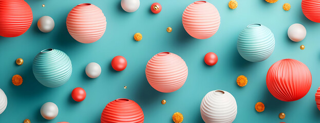 Festive pastel spheres, teal backdrop