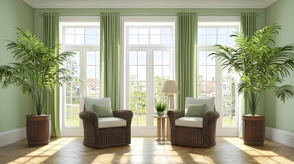 Fototapeta premium Bright and Cozy Green Living Room with Large Windows and Comfortable Seating