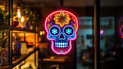 Vibrant Neon Sugar Skull Decorates a Nighttime Establishment