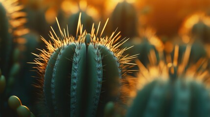 A close up view shows many prickly green cacti plants