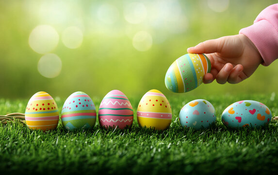 Easter egg hunt, a child's hand reaching for colorful eggs on green grass 