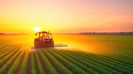 Fototapeta premium Modern Farming: Tractor Spraying Crops at Sunrise