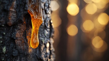 Naklejka premium Amber Resin Dripping Down The Rough Surface Of A Tree Trunk