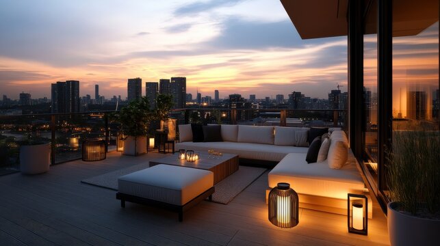 A luxurious rooftop terrace with a scenic sunset view