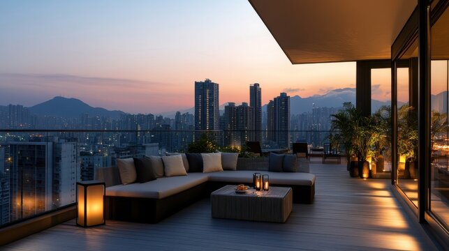 A luxurious rooftop terrace with a scenic sunset view