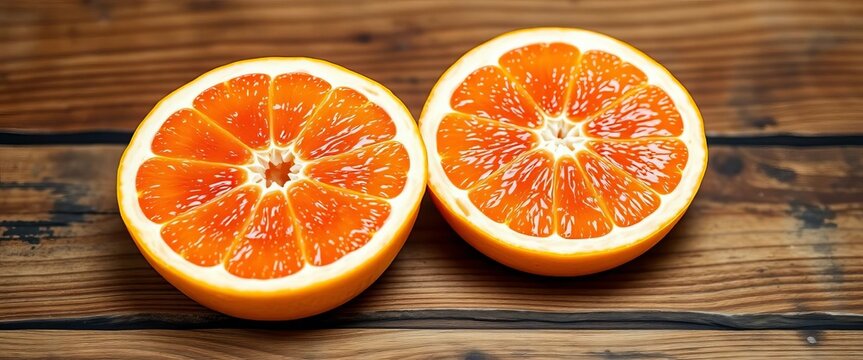 Two juicy grapefruit halves, segmented and glistening, rest on a rustic wooden table, citrus, organic - Powered by Adobe