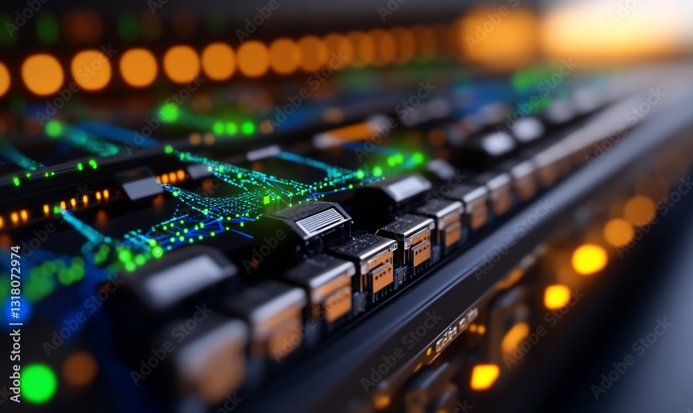 Poster glowing keyboard with futuristic circuitry; technology innovation for computing