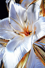 White and gold abstract flower with thin petals shining in the dark, creating a luxurious and elegant atmosphere with its intricate details and play of light and shadow