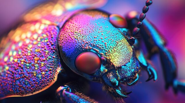 An iridescent insect showcases its head and large multifaceted eyes beautifully