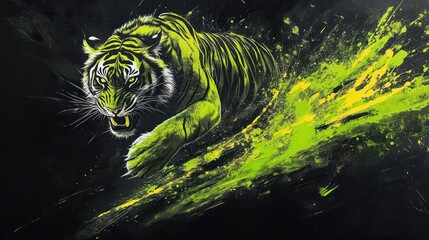 Green tiger leaping, dark background, splash art, gaming
