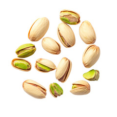 Fresh pistachios scattered on a clean transparent background showcasing their vibrant green nut color, Pistachios isolated on transparent background