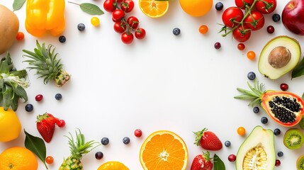 A frame border made of fresh fruits and vegetables is displayed on a clean white background. The fruits and vegetables in the frame border include various types like apples, carrots, and leafy greens,