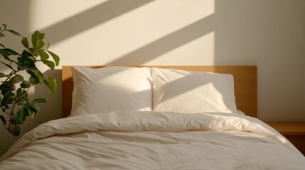 A stylish bedroom with decorative pillows and a minimalist bed frame