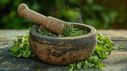 Grinding fresh herbs in a stone mortar outdoor kitchen setting culinary natural environment close-up view cooking concept for flavor enhancement