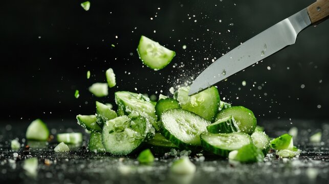 Dynamic food preparation slicing fresh cucumbers in a modern kitchen high-quality indoor environment close-up viewpoint culinary artistry for engaging content