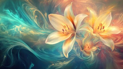 Fototapeta premium Elegant Floral Composition with Colorful Swirls and Dreamy Tones of Light Surrounding Lilies