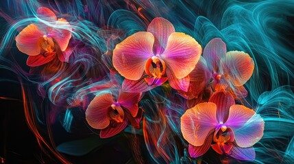 Vibrant Orchids with Colorful Light Trails Abstract Background in Stunning Macro Photography