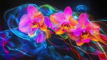 Vibrant Pink Orchids with Colorful Swirls of Light against a Dark Background