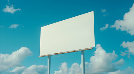 Empty Billboard Sign Against Blue Sky and Fluffy Clouds Background