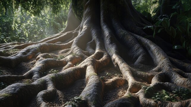 A massive tree showcases its roots in a lush and vibrant forest