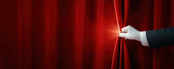 gloved hand pulls back red curtain, revealing bright light behind it, symbolizing anticipation and mystery
