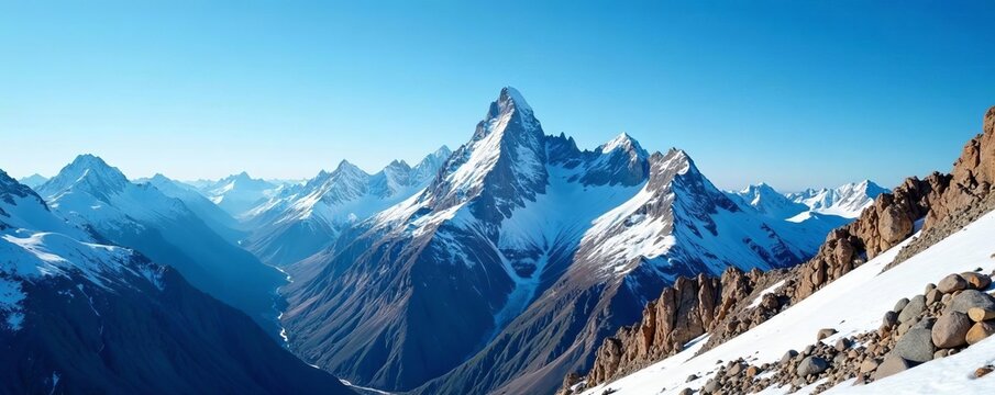 Panoramic view of rugged mountain ridge with snow-capped peaks, clear blue sky, ridge, snowy