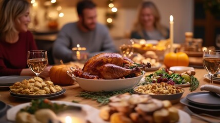 A Thanksgiving dinner table filled with delicious food and family gathered
