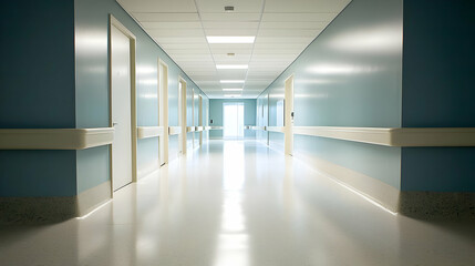 Obraz premium Empty Hospital Corridor With Bright Lighting And Teal Walls In Modern Medical Facility