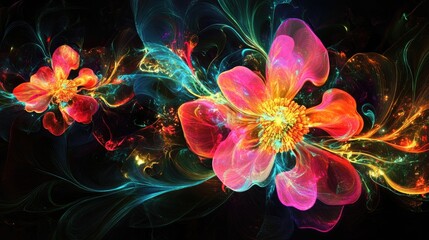 Obraz premium Vibrant Abstract Floral Design with Swirling Colors and Bright Petals in a Dark Background