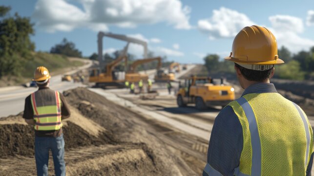 Civil engineers overseeing a highway expansion project with large-scale construction vehicles.