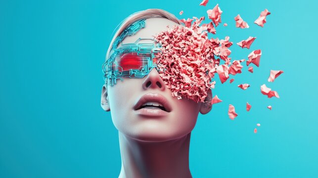 Futuristic human figure with geometric shapes emerging from the forehead, wearing advanced goggles, set against a blue background