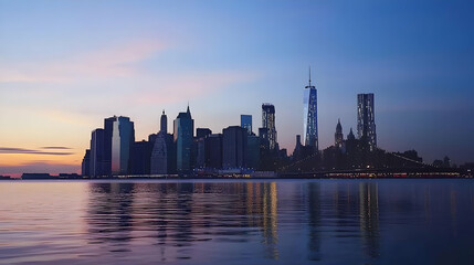 Obraz premium Panoramic View of Illuminated City Skyline at Twilight Reflected in Calm Water with Colorful Sky