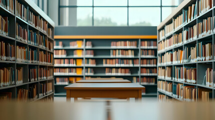 Interior View Of Library With Rows Of Books And Wooden Tables Under Natural Light