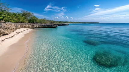 A picturesque beach with crystal-clear turquoise waters, tropical paradise