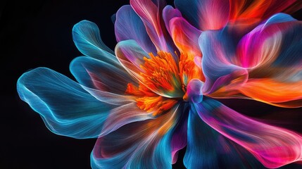 Obraz premium Vibrant Abstract Flower Design in Colorful Swirls and Fluid Motion Captured Against Dark Background
